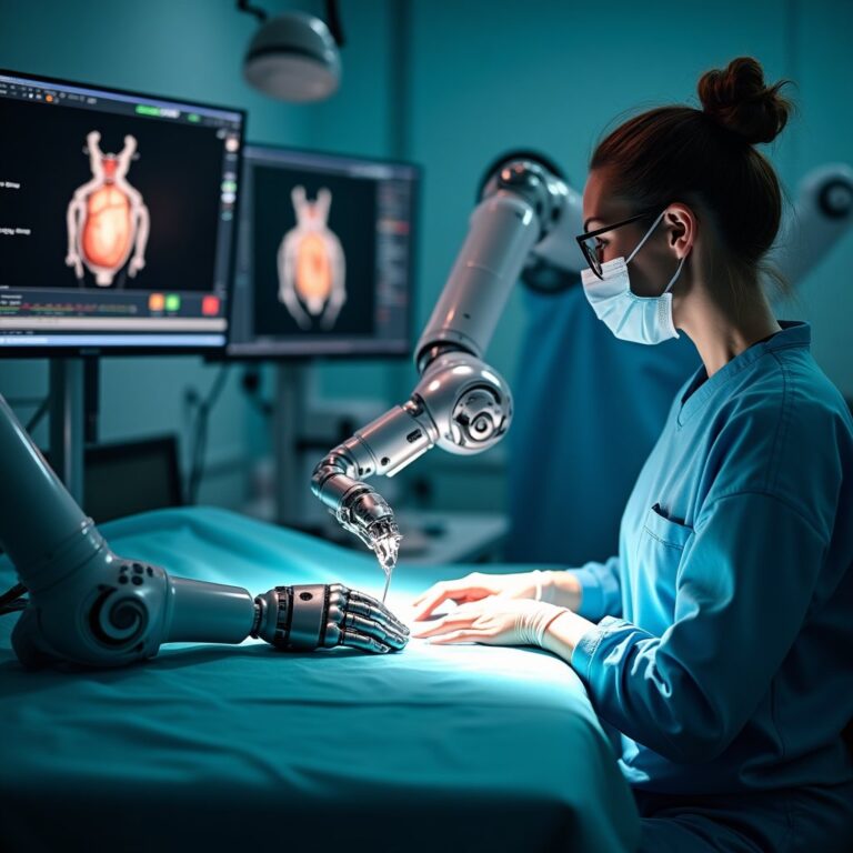 Photo d'un robot chirurgical associé à une interface de simulation pour la robotique médicale