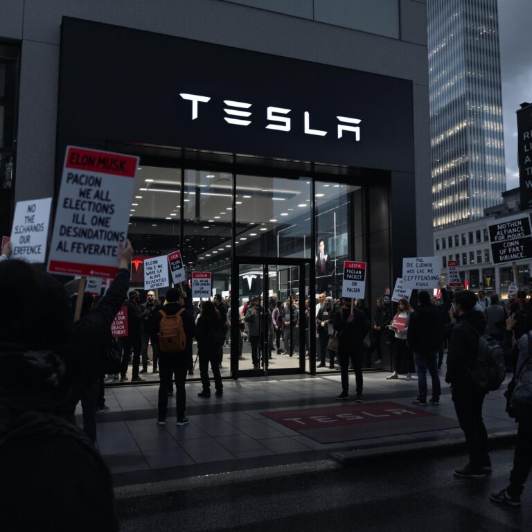 Manifestants lors de protestations contre elon musk devant un tesla diner
