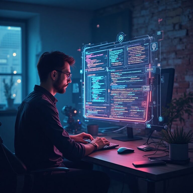 Illustration technologique représentant l'intelligence artificielle et le codage