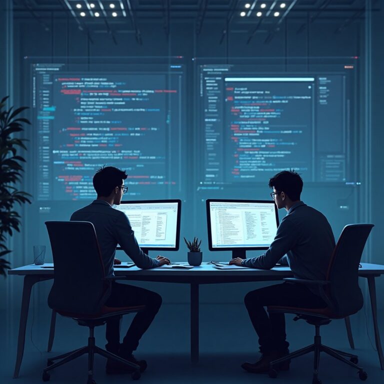 Illustration de développeurs collaborant avec une intelligence artificielle